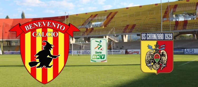Benevento-Catanzaro: scudetti delle squadre e logo Serie BKT sullo sfondo dello Stadio Ciro Vigorito