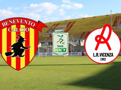 Benevento-Vicenza biglietti: scudetti delle due squadre sullo sfondo dello stadio Ciro Vigorito